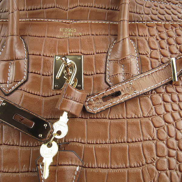 High Quality Fake Hermes Birkin 35CM Crocodile Veins Leather Bag Light Coffee 6089